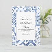 Mediterrane Blauwe Tegel bruiloft uitnodiging (Staand voorkant)