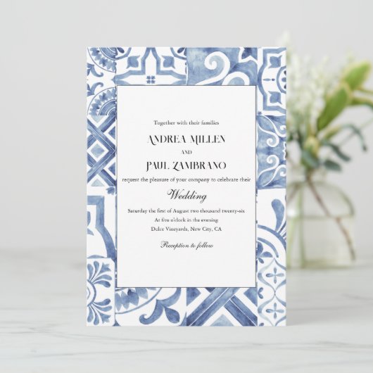 Mediterrane Blauwe Tegel bruiloft uitnodiging (Staand voorkant)