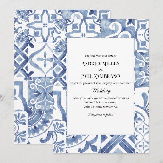 Mediterrane Blauwe Tegel bruiloft uitnodiging (Voorkant / Achterkant)