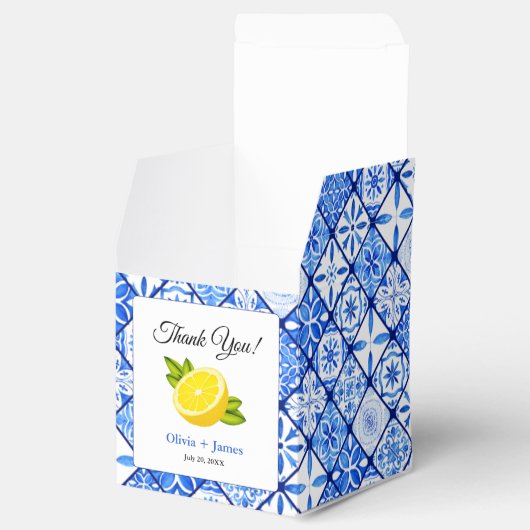 Mediterrane Blauwe Tegel Citroen Dank u Bruiloft Bedankdoosjes (Geopend)