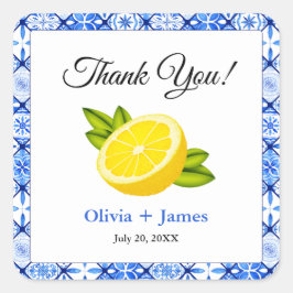 Mediterrane Blauwe Tegel Citroen Dank u Bruiloft Vierkante Sticker
