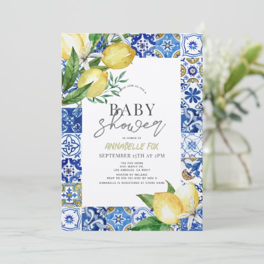 Mediterrane Blauwe Tegel Citrus Citrus Lemon Baby  Kaart (Staand voorkant)