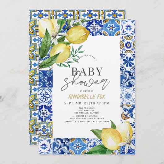 Mediterrane Blauwe Tegel Citrus Citrus Lemon Baby  Kaart (Voorkant / Achterkant)