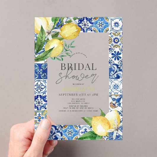 Mediterrane Blauwe Tegel Citrus Citrus Lemon Vrijg Acryl Uitnodigingen (Insitu (Draagbaar))