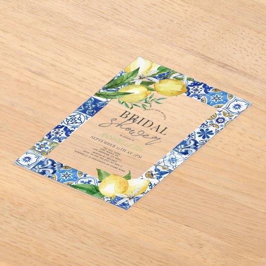 Mediterrane Blauwe Tegel Citrus Citrus Lemon Vrijg Acryl Uitnodigingen (Laagn)