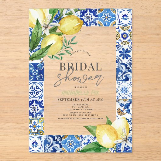 Mediterrane Blauwe Tegel Citrus Citrus Lemon Vrijg Acryl Uitnodigingen (Voorkant)