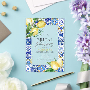 Mediterrane Blauwe Tegel Citrus Citrus Lemon Vrijg Acryl Uitnodigingen