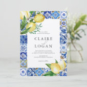 Mediterrane Blauwe Tegel Citrus Lemon Bruiloft Kaart (Staand voorkant)