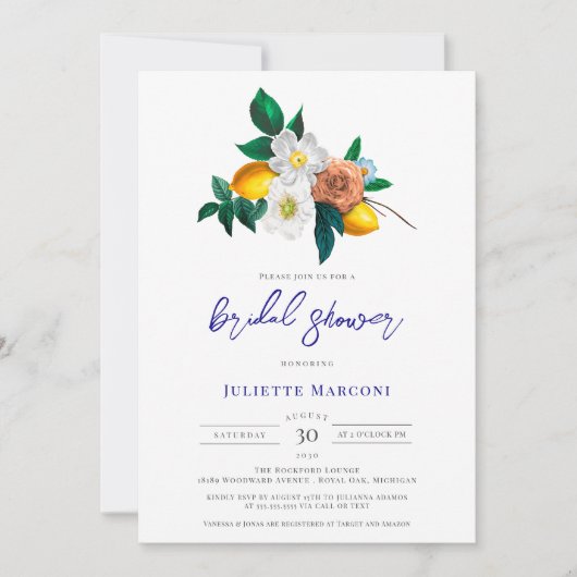 Mediterrane Blauwe Tegel Floral Lemon Vrijgezellen Kaart (Voorkant)