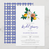 Mediterrane Blauwe Tegel Floral Lemon Vrijgezellen Kaart (Voorkant / Achterkant)