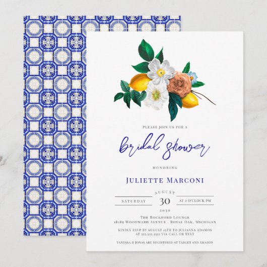 Mediterrane Blauwe Tegel Floral Lemon Vrijgezellen Kaart (Voorkant / Achterkant)