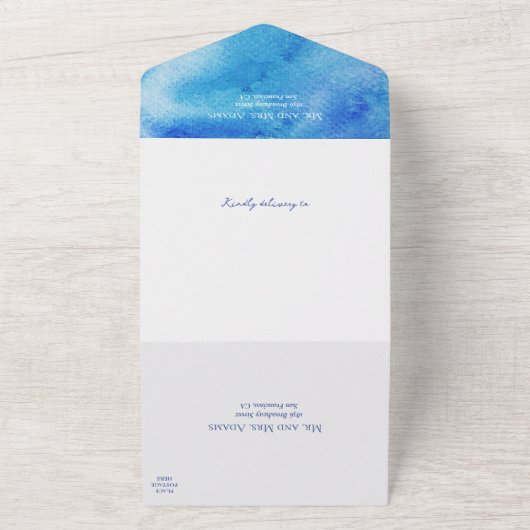 Mediterrane blauwe Tegel kustbruiloft All In One Uitnodiging (Buitenkant)