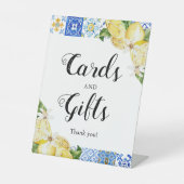 Mediterrane blauwe Tegel Lemons Kaart en cadeaubor Reclamebord Met Voetstuk (Voorkant)