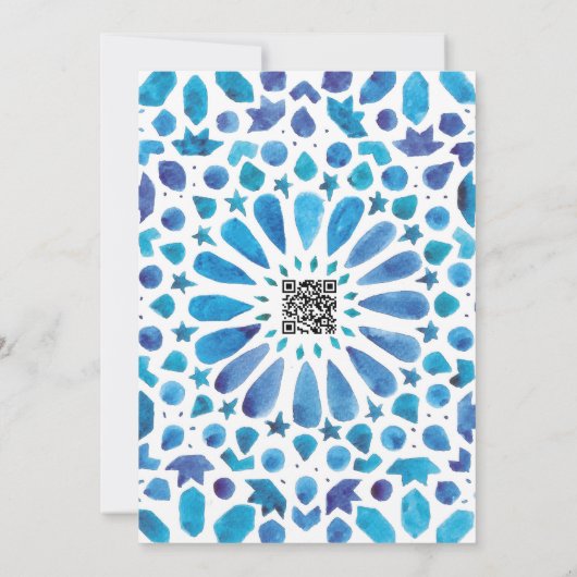 Mediterrane Blauwe Tegel Patroon met QR Save The Date (Achterkant)