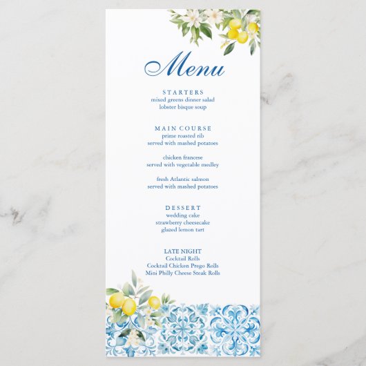 Mediterrane Blauwe Tegels & Citroenbruiloft Menu (Voorkant)