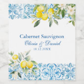 Mediterrane Blauwe Tegels & Citroenbruiloft Wijn Etiket (Enkel label)