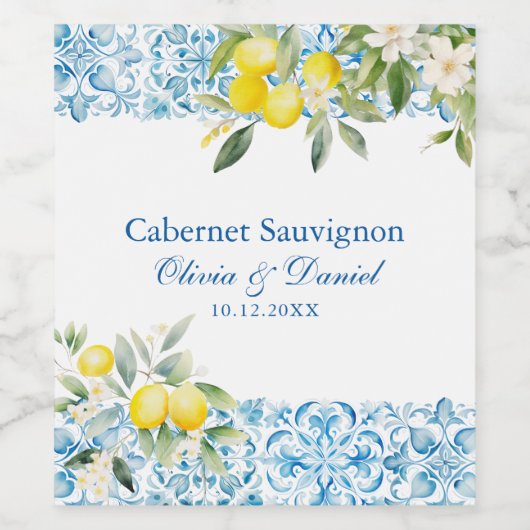 Mediterrane Blauwe Tegels & Citroenbruiloft Wijn Etiket (Enkel label)