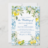 Mediterrane Blauwe Tegels en Citroenbruiloft Kaart (Voorkant)