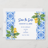 Mediterrane blauwe tegels en citroenen bewaren de save the date (Voorkant)
