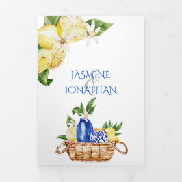 Mediterrane blauwe tegels / Gele Lemons Weddenscha Drieluik Uitnodiging