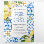 Mediterrane blauwe tegels / Gele Lemons Weddenscha Drieluik Uitnodiging (Binnenzijde eerst)