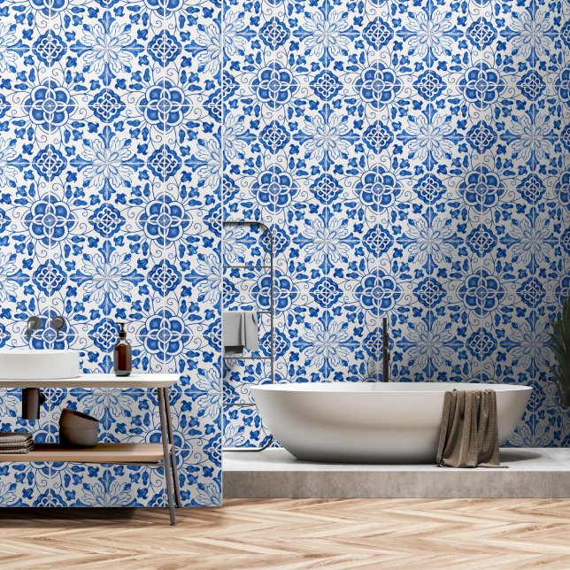 Mediterrane Blauwe Tegels Portugees Azulejo Behang (Badkamer)