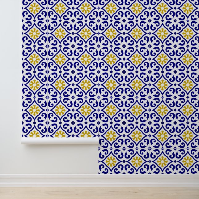 Mediterrane Blauwe Tegels Portugees Azulejo Behang (Applicatie)