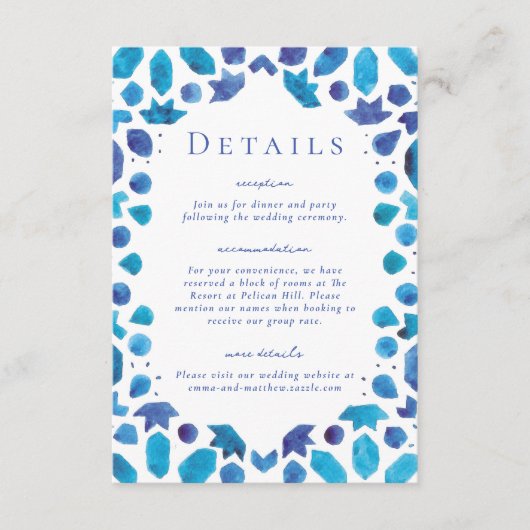 Mediterrane Blauwe Tegels Weddenschap Details Informatiekaartje (Voorkant)