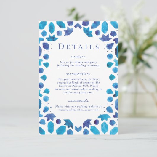 Mediterrane Blauwe Tegels Weddenschap Details Informatiekaartje (Staand voorkant)
