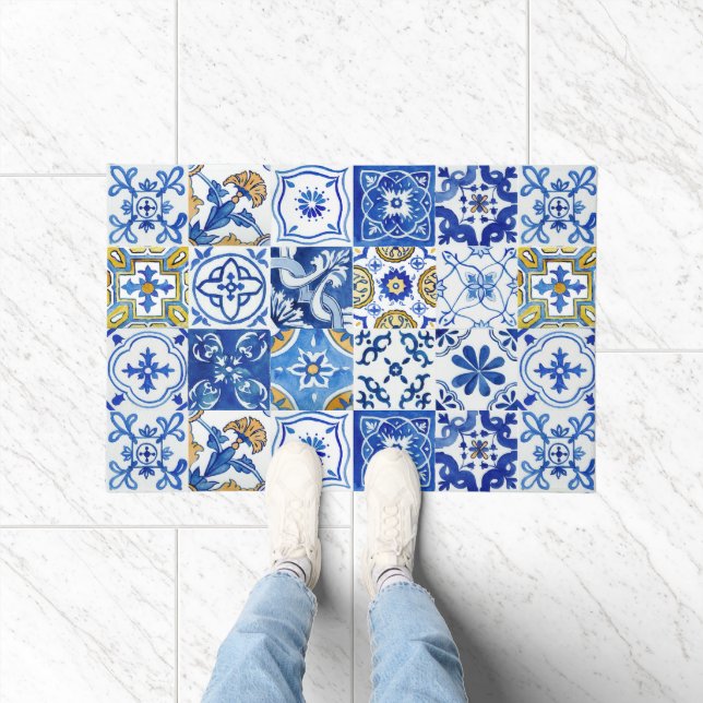 Mediterrane Blauwe, Witte & Gele Waterverf Deurmat (Binnen)