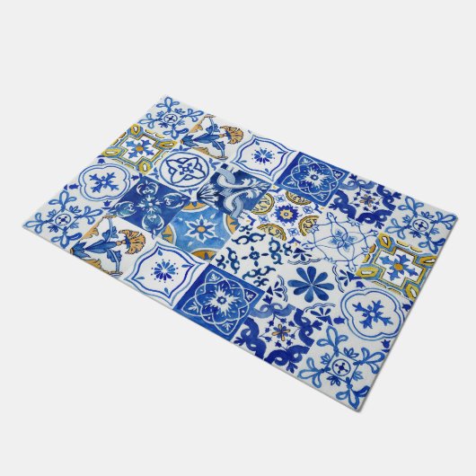 Mediterrane Blauwe, Witte & Gele Waterverf Deurmat (Schuin)