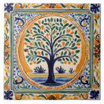 Mediterrane Boom Rustiek Blauw & Geel Folk Art Tegeltje<br><div class="desc">zomerse Siciliaanse keramische tegel,  Italiaans handbeschilderd motief,  mediterrane fruitboom portugees,  geel groene bladblad natuur,  zomerlentelandbouw platteland,  bloementuinbladeren boerderij,  authentieke klassieker traditioneel,   antiek rustiek land,  volkskunst spaanse plattelandslandbouw,  blauw sinaasappel marine buitenshuis</div>