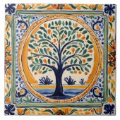 Mediterrane Boom Rustiek Blauw & Geel Folk Art Tegeltje (Voorkant)