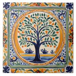 Mediterrane Boom Rustiek Blauw & Geel Folk Art Tegeltje