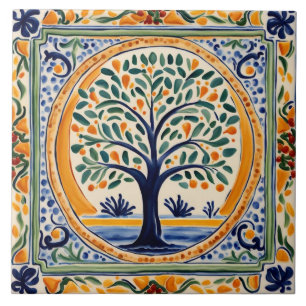 Mediterrane Boom Rustiek Blauw & Geel Folk Art Tegeltje