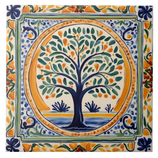 Mediterrane Boom Rustiek Blauw & Geel Folk Art Tegeltje (Voorkant)