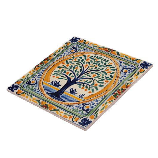 Mediterrane Boom Rustiek Blauw & Geel Folk Art Tegeltje (Zijkant)