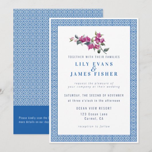 Mediterrane Bougainvillea Griekse QR-code bruiloft Kaart (Voorkant / Achterkant)