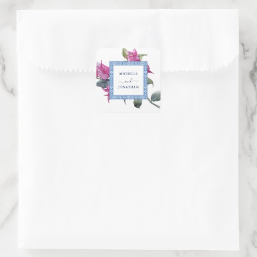 Mediterrane Bougainvillea Wedding Envelope-zeehond Vierkante Sticker (Tas)