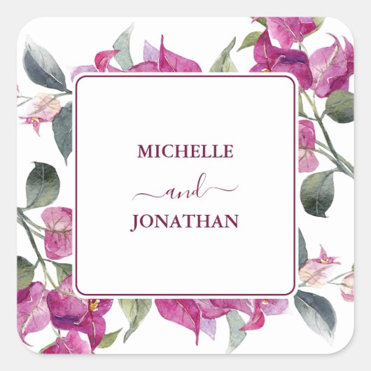 Mediterrane Bougainvillea Wedding Envelope-zeehond Vierkante Sticker (Voorkant)