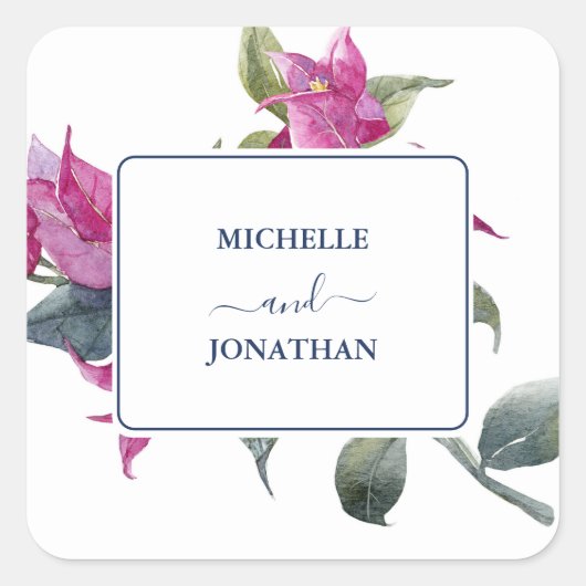 Mediterrane Bougainvillea Wedding Envelope-zeehond Vierkante Sticker (Voorkant)