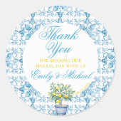 Mediterrane bruiloft uitnodiging Lemon Trellis Ronde Sticker (Voorkant)