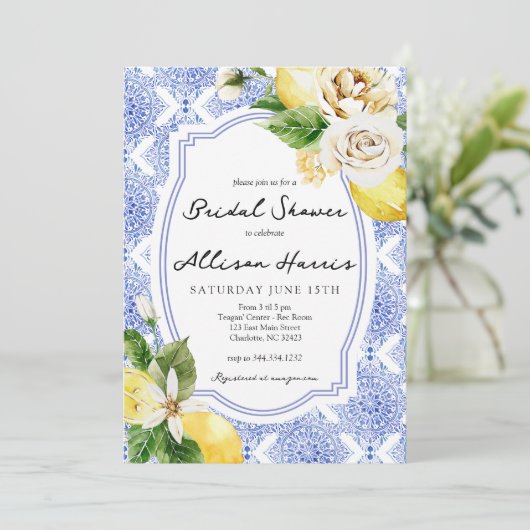 Mediterrane citroen bruids douche uitnodiging (Staand voorkant)