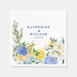 Mediterrane citroen bruiloft blauw en geel bloemen servet