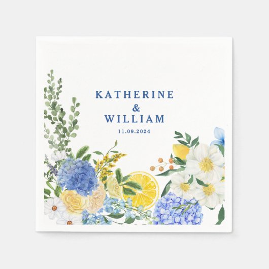 Mediterrane citroen bruiloft blauw en geel bloemen servet (Voorkant)