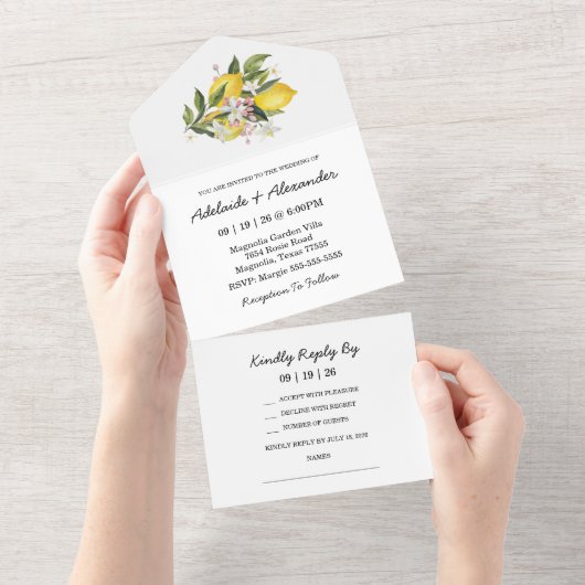 Mediterrane citroen citrus bruiloft all in one uitnodiging (Afscheurbaar)