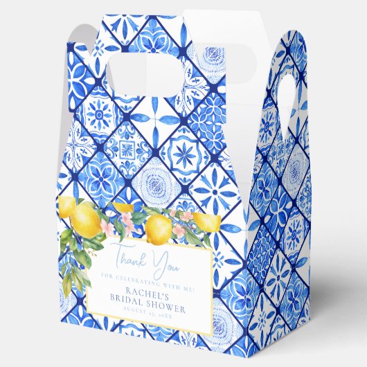 Mediterrane citroenen blauwe tegels bruidsdouche bedankdoosjes (Geopend)