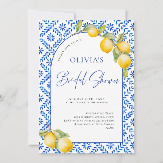 Mediterrane citroenen Blauwe Tegels Vrijgezellenfe Kaart (Voorkant)