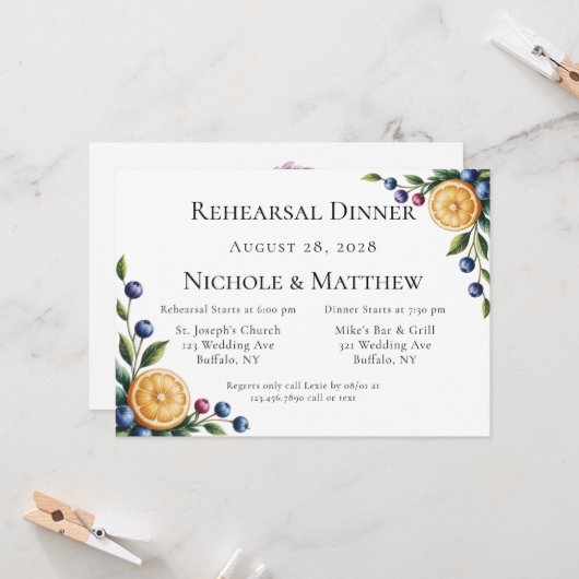 Mediterrane Citrus bruiloft repetitie diner Kaart (Voorkant / Achterkant in situ)