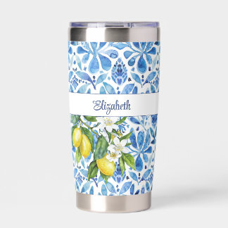 Mediterrane Citrus en Blauwe Tegels Custom Name Geïsoleerde Drinkbeker